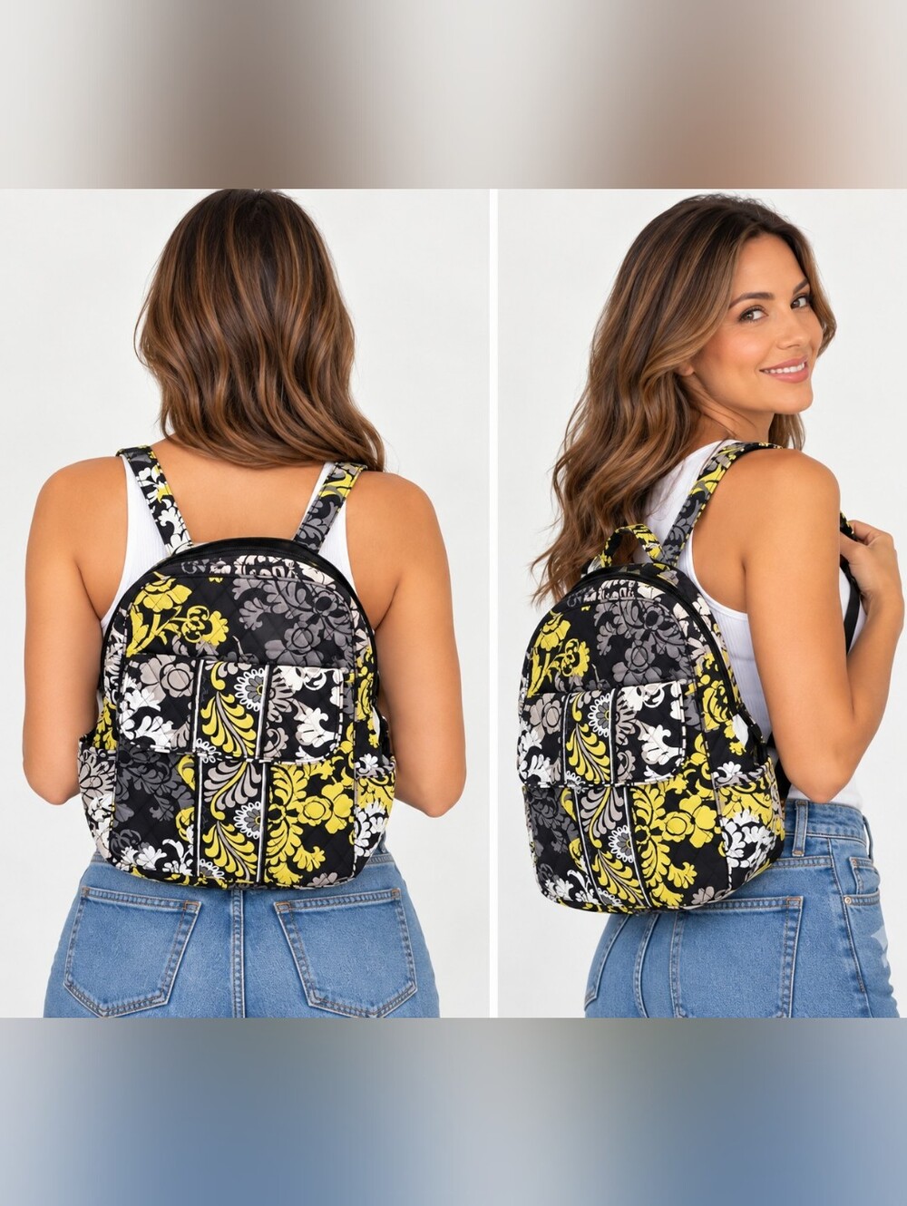 Vera Bradley Baroque Floral Quilted Laptop Backpack in Yellow, Black & Cream